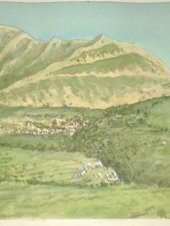 Πίνακας του David Morgan. Απεικονίζει χωριό σε πράσινο τοπίο με βουνό στο βάθος και γαλανό ουρανό.